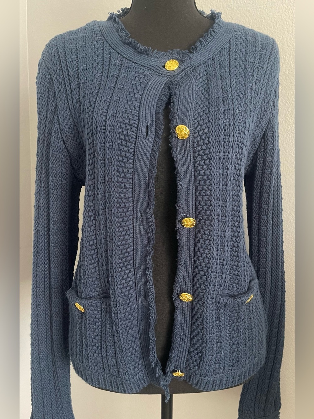 T Tahari Fringe Cable Knit Cardigan with Gold Buttons